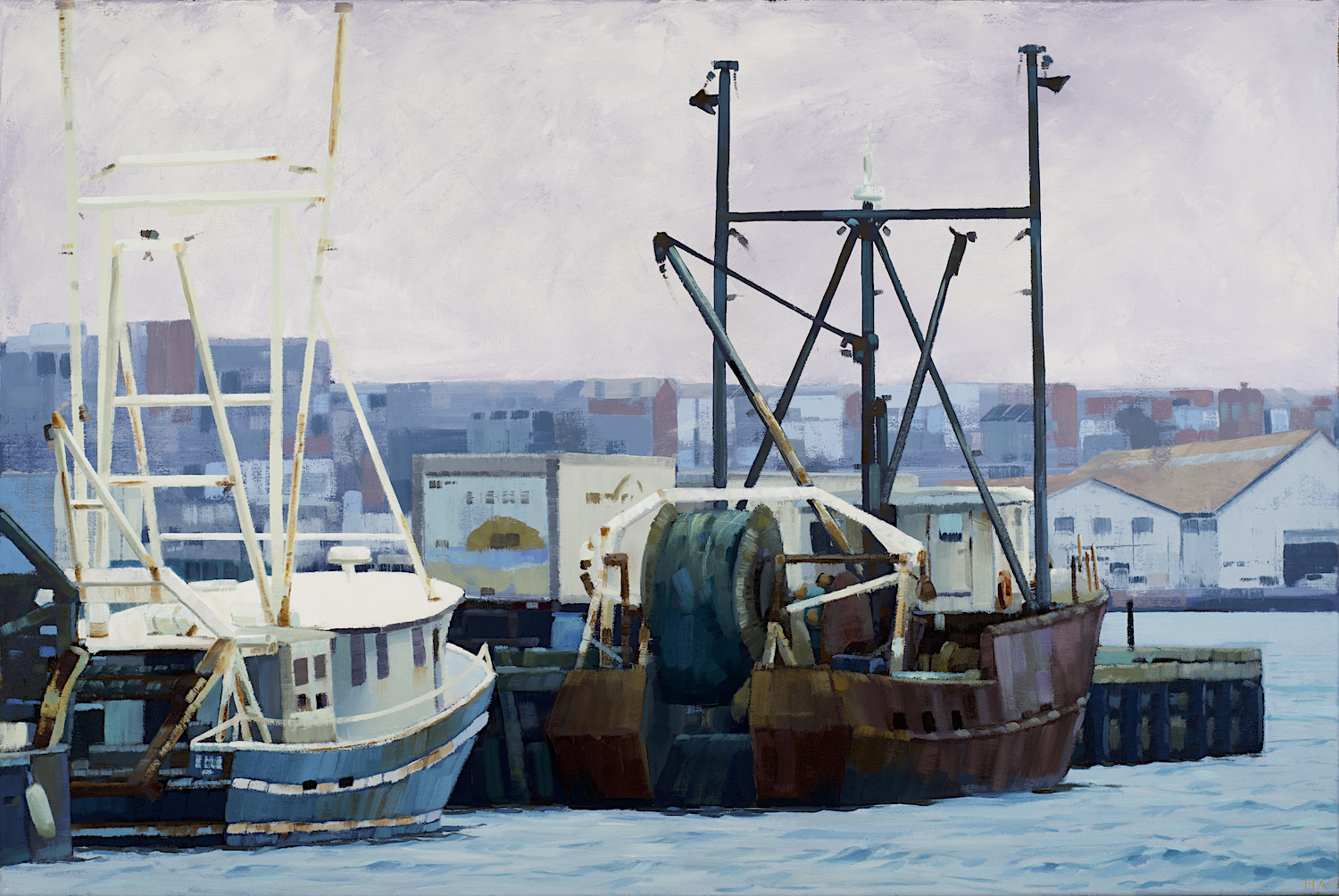 Trawlers city painting, oil on linen, 24 x 36 inches