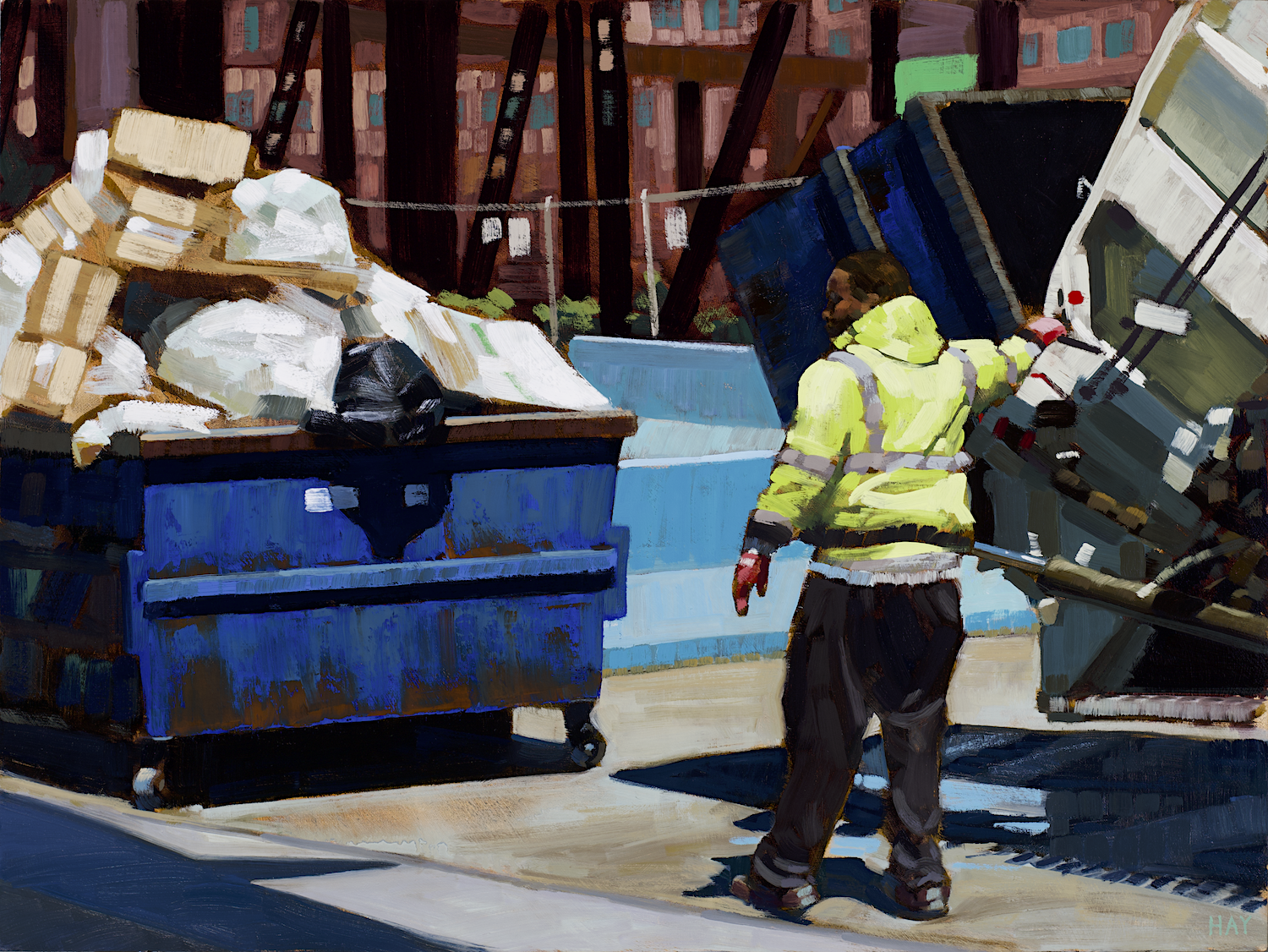Waste Disposal city painting, oil on panel, 18 x 24 inches